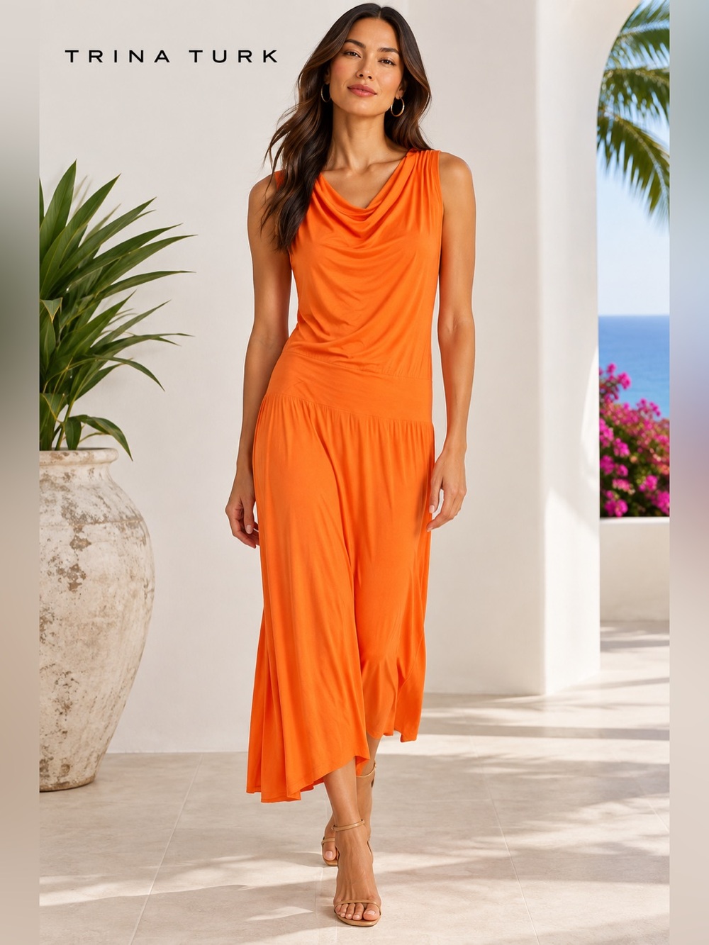 Trina Turk Vibrant Orange High Low Dress size small. EUC no flaws.